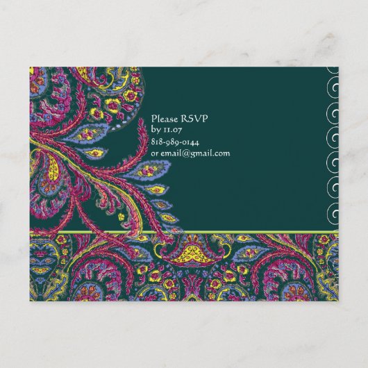 エレガントヴィンテージティール（緑がかった色）ペイズリー結婚式招待状 インビテーションポストカード (裏面)