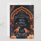 エレガントヴィンテージネイビータイガースインディアン結婚ズ 招待状 (正面)