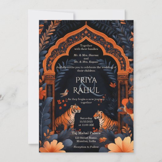 エレガントヴィンテージネイビータイガースインディアン結婚ズ 招待状 (正面)