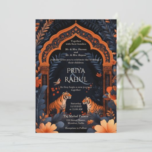 エレガントヴィンテージネイビータイガースインディアン結婚ズ 招待状 (スタンド正面)