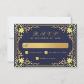 エレガントヴィンテージネイビーフェイクルゴールドフォイル結婚ズ 出欠カード (正面)