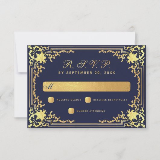 エレガントヴィンテージネイビーフェイクルゴールドフォイル結婚ズ 出欠カード (正面)