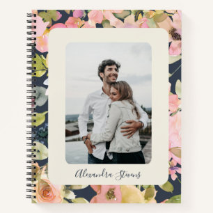 エレガントヴィンテージネイビーフローラパーソナライズされた写真 ノートブック