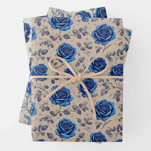 エレガントヴィンテージネイビーブルーバラフローラパターン ラッピングペーパーシート (インサイチュ)