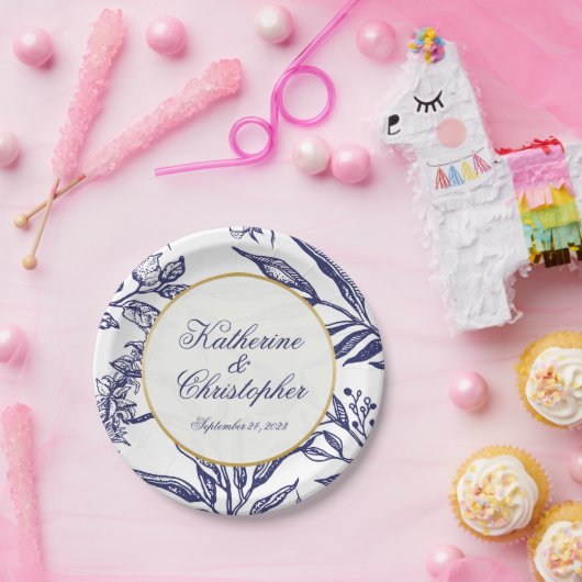 エレガントヴィンテージネイビー青金ゴールドボ結婚タニカル ペーパープレート (パーティー)