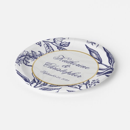 エレガントヴィンテージネイビー青金ゴールドボ結婚タニカル ペーパープレート (アングル)