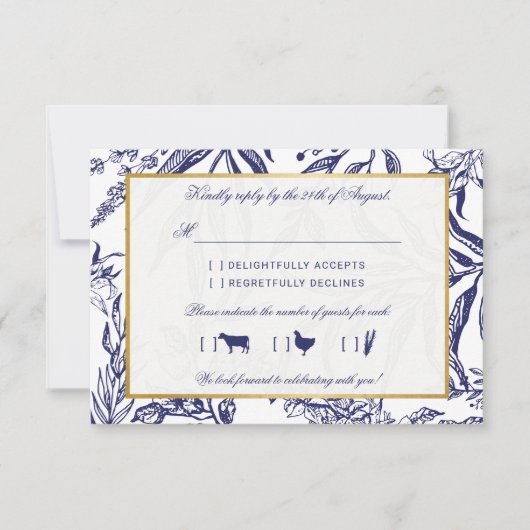 エレガントヴィンテージネイビー青金ゴールドボ結婚タニカル 出欠カード (正面)