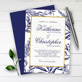 エレガントヴィンテージネイビー青金ゴールドボ結婚タニカル 招待状