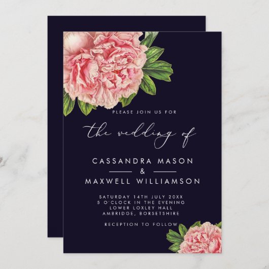 エレガントヴィンテージネイビー&ピンクピーニ結婚ズ 招待状 (正面/裏面)
