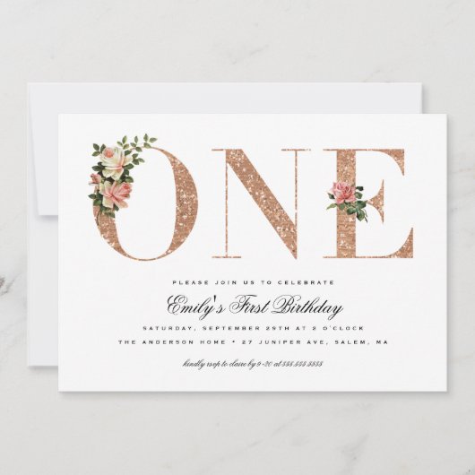 エレガントヴィンテージバラグリッター1日目の誕生日 招待状 (正面)
