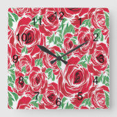 エレガントヴィンテージバラパターン – 赤と緑のフローラ スクエア壁時計 (正面)