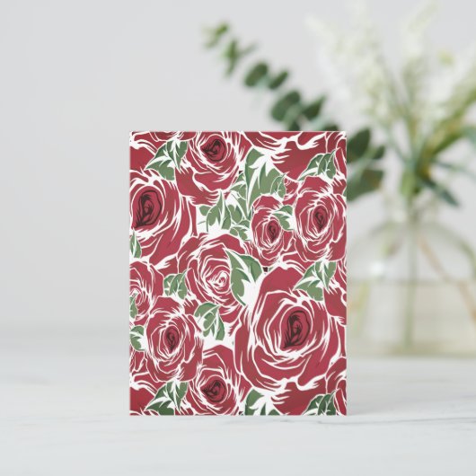 エレガントヴィンテージバラパターン – 赤と緑のフローラ ポストカード (スタンド正面)