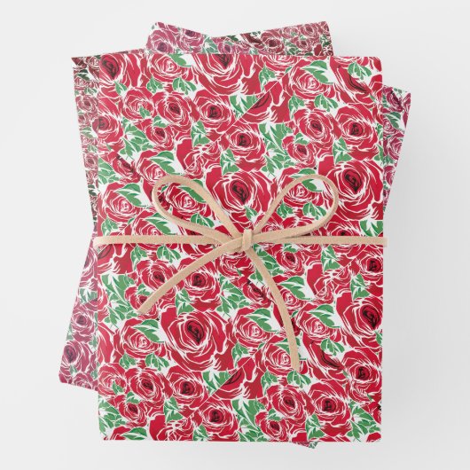 エレガントヴィンテージバラパターン – 赤と緑のフローラ ラッピングペーパーシート (インサイチュ)