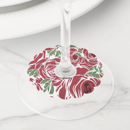 エレガントヴィンテージバラパターン – 赤と緑のフローラ ワイングラスタグ (クローズアップ)