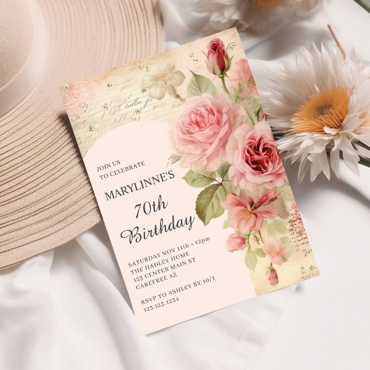 エレガントヴィンテージバラ70誕生日 招待状
