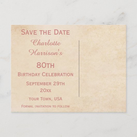 エレガントヴィンテージバラ80th日付の保存 案内ポストカード (裏面)