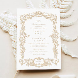 エレガントヴィンテージバロックフローラ金ゴールドフレ結婚ーム 招待状