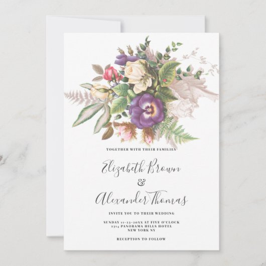エレガントヴィンテージパープルアイボリーグリーンフローラ結婚ズ 招待状 (正面)