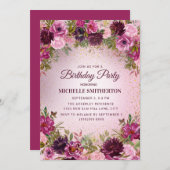 エレガントヴィンテージパープルピンクフローラバラグリッター 招待状 (正面/裏面)