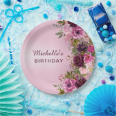 エレガントヴィンテージパープルピンクフローラバラ誕生日 ペーパープレート (パーティー)