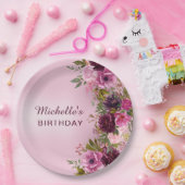 エレガントヴィンテージパープルピンクフローラバラ誕生日 ペーパープレート (パーティー)