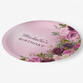 エレガントヴィンテージパープルピンクフローラバラ誕生日 ペーパープレート (アングル)