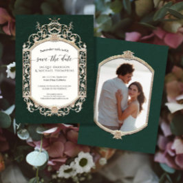 エレガントヴィンテージビクトリアンエメラルドと金ゴールド写真 招待状