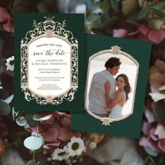 エレガントヴィンテージビクトリアンエメラルドと金ゴールド写真 招待状