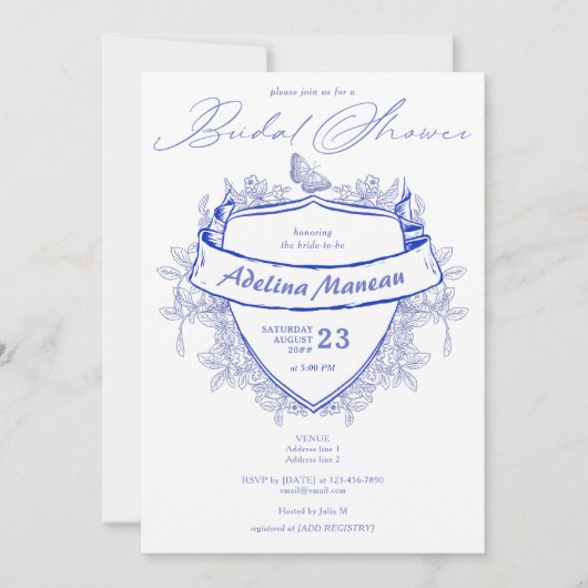 エレガントヴィンテージビクトリアンクレストブルーブライダルシャワー 招待状 (正面)