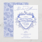 エレガントヴィンテージビクトリアンクレストブルーブライダルシャワー 招待状 (正面/裏面)