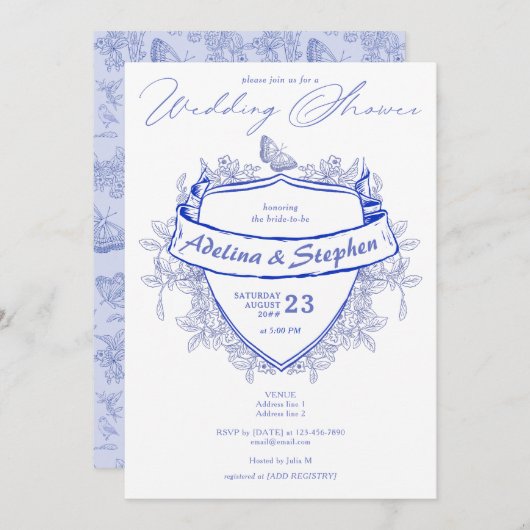 エレガントヴィンテージビクトリアンクレストブルー対シャワー 招待状 (正面/裏面)