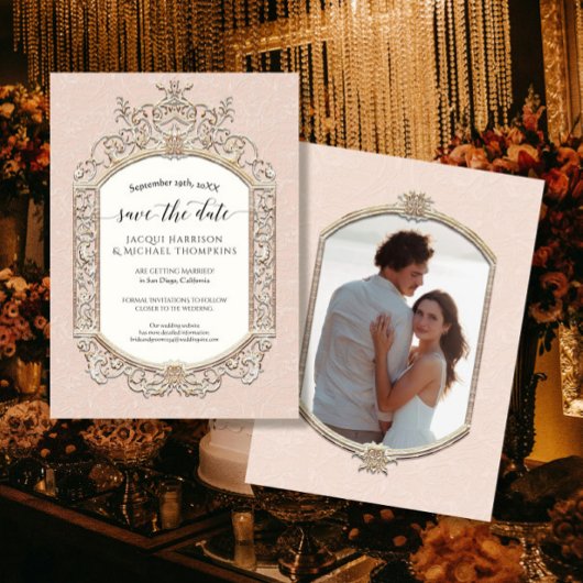 エレガントヴィンテージビクトリアンピンクと金ゴールド写真 招待状