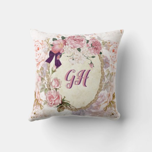 エレガントヴィンテージビクトリアンピンクパープルフローラ クッション (裏面)