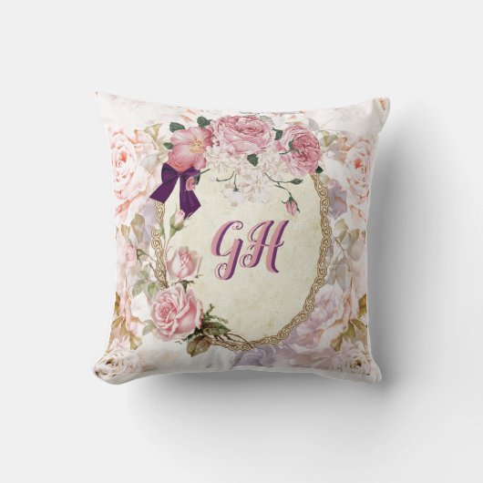 エレガントヴィンテージビクトリアンピンクパープルフローラ クッション (正面)
