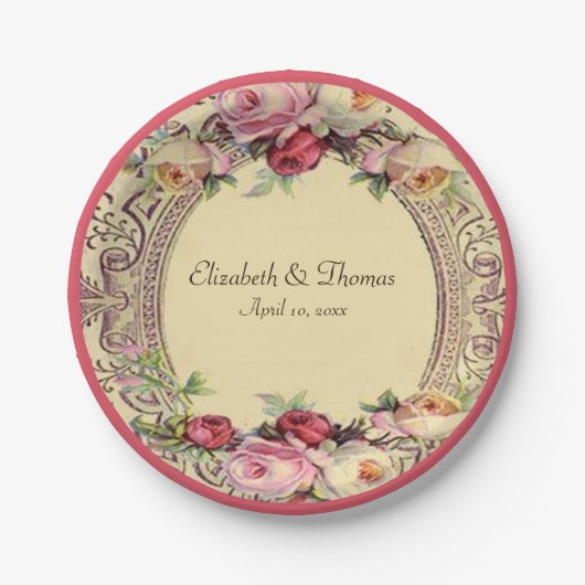 エレガントヴィンテージビクトリアンピンクローズ紙プレート ペーパープレート (正面)