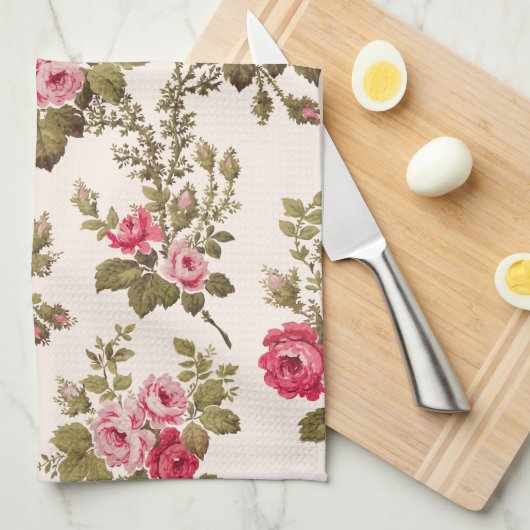 エレガントヴィンテージピンクのバラ – バフの背景 キッチンタオル (四つ折り)
