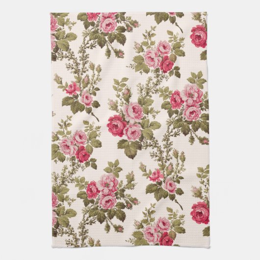 エレガントヴィンテージピンクのバラ – バフの背景 キッチンタオル (縦)