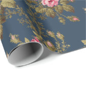 エレガントヴィンテージピンクのバラ – ブルー背景 ラッピングペーパー (ロールコーナー)