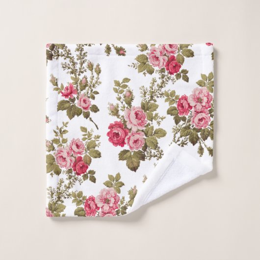 エレガントヴィンテージピンクのバラ – 白の背景 バスタオルセット (ウォッシュタオル)