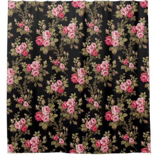 エレガントヴィンテージピンクのバラ – 黒の背景 シャワーカーテン (正面)