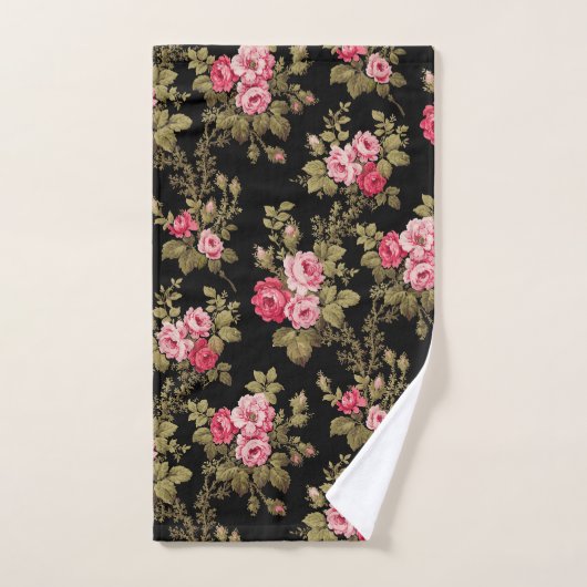 エレガントヴィンテージピンクのバラ – 黒の背景 バスタオルセット (ハンドタオル)