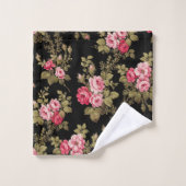 エレガントヴィンテージピンクのバラ – 黒の背景 バスタオルセット (ウォッシュタオル)