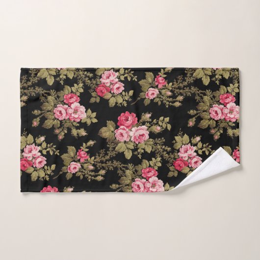 エレガントヴィンテージピンクのバラ – 黒の背景 バスタオルセット (ハンドタオル)