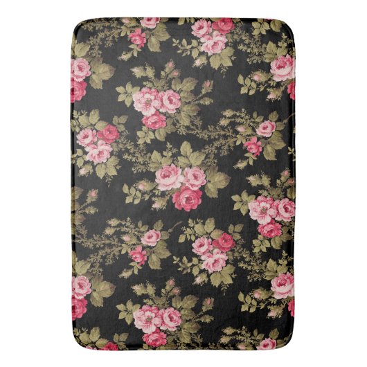 エレガントヴィンテージピンクのバラ – 黒の背景 バスマット (正面縦)