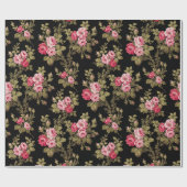 エレガントヴィンテージピンクのバラ – 黒の背景 ラッピングペーパー (フラット)