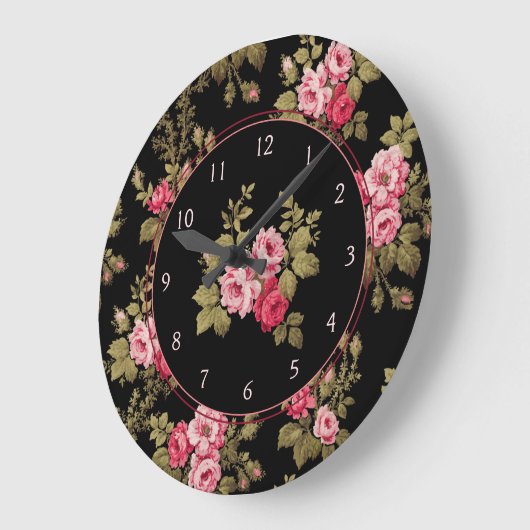 エレガントヴィンテージピンクのバラ – 黒の背景 ラージ壁時計 (傾斜)