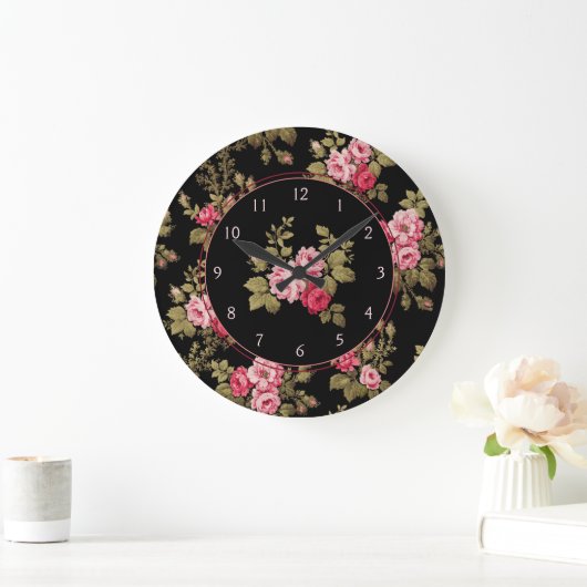 エレガントヴィンテージピンクのバラ – 黒の背景 ラージ壁時計 (ホーム)