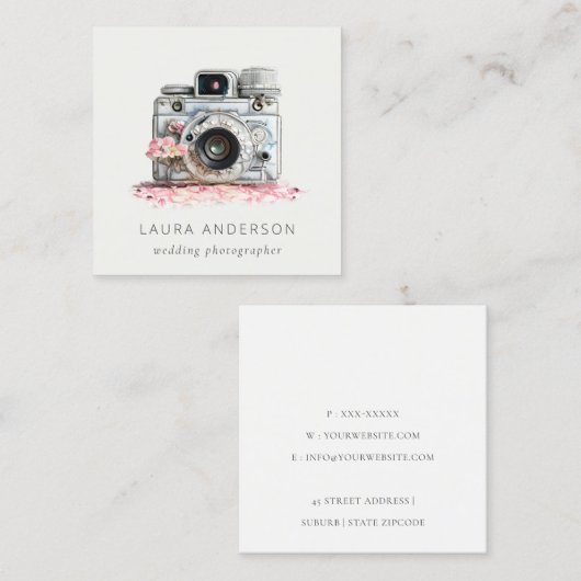 エレガントヴィンテージピンクフローラカメラ撮影 スクエア名刺 (正面/裏面)