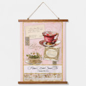 エレガントヴィンテージピンクフローラティーパーティーブライダル 吊り下げ型タペストリー (正面)