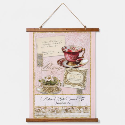 エレガントヴィンテージピンクフローラティーパーティーブライダル 吊り下げ型タペストリー (正面)